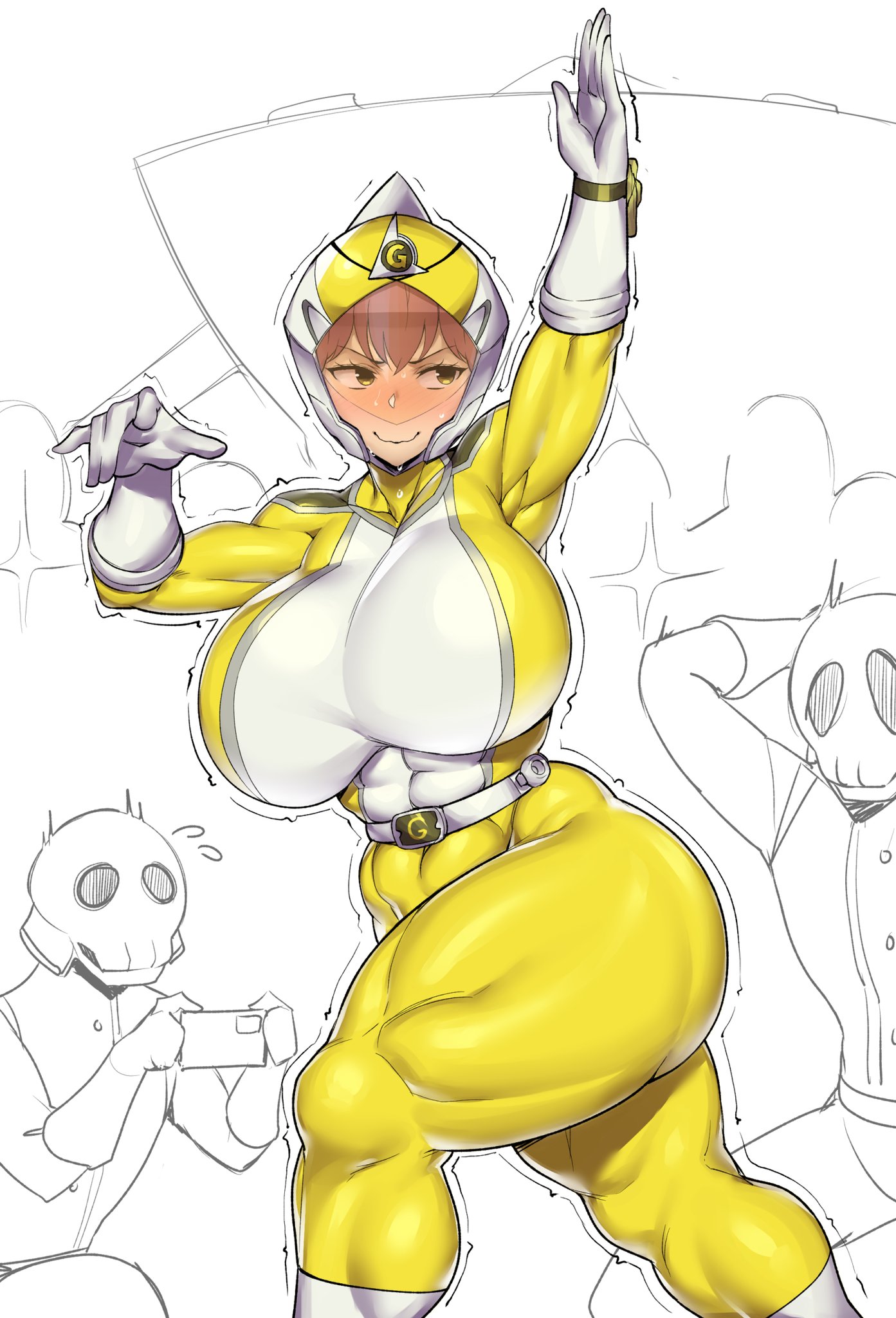 1girls, 6+boys, ass, big ass, big breasts, blush, breasts, brown hair, embarrassed, enemies, female, jumpsuit, love after world domination, male, misaki jinguji, muscular, natedecock, nervous, paparazzi, pose, taking picture, thick thighs, white background