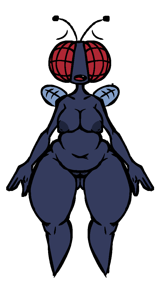 antennae_(anatomy) anthro areola arthropod ass blue_areola blue_body blue_nipples bottom_heavy breasts butt_from_the_front compound_eyes featureless_feet feet female fly_(animal) front_view genitals insect_wings insects nanodude78 navel nipples nude open_mouth pussy red_eyes short_stack simple_background slightly_chubby solo thick_thighs white_background wide_hips wings