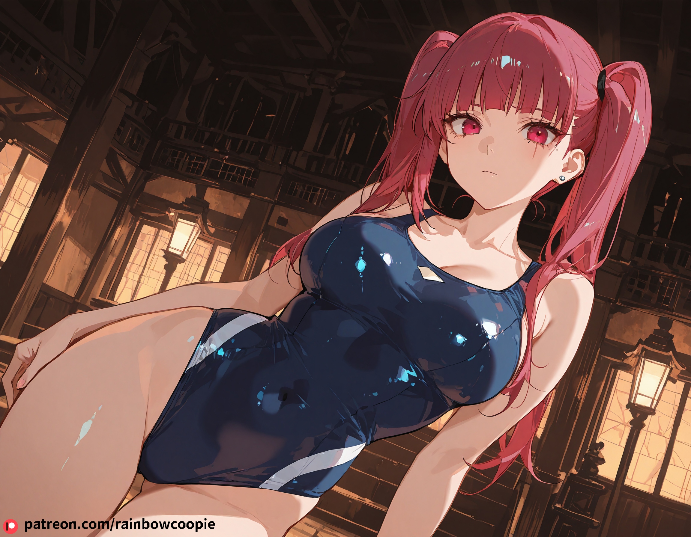ai generated, bleach, breasts, dokugamine riruka, female, large breasts, leaning, looking at viewer, one-piece swimsuit, pink eyes, pink hair, temple, twintails