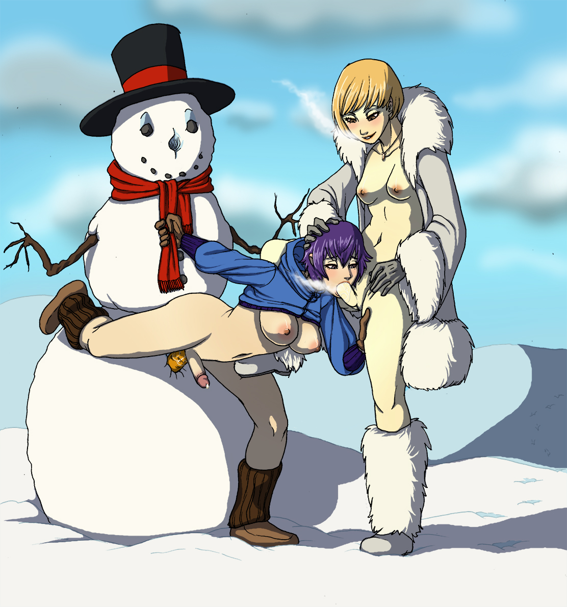 blonde hair, blush, boots, breasts, breath, breathing, carrot, coal, coat, cold, cum, dontfapgirl, double penetration, drool, fellatio, fur coat, futa on futa, futanari, gloves, hair, hat, head grab, human, intersex, light skin, medium breasts, megami tensei, multiple intersex, necklace, oral, oral sex, penis, persona, persona 4, precum, purple eyes, purple hair, pussy, pussy juice, saliva, satonaka chie, scarf, shirogane naoto, small breasts, smile, smiling, snow, snowman, standing, standing sex, top hat, uncensored, vaginal penetration, winter
