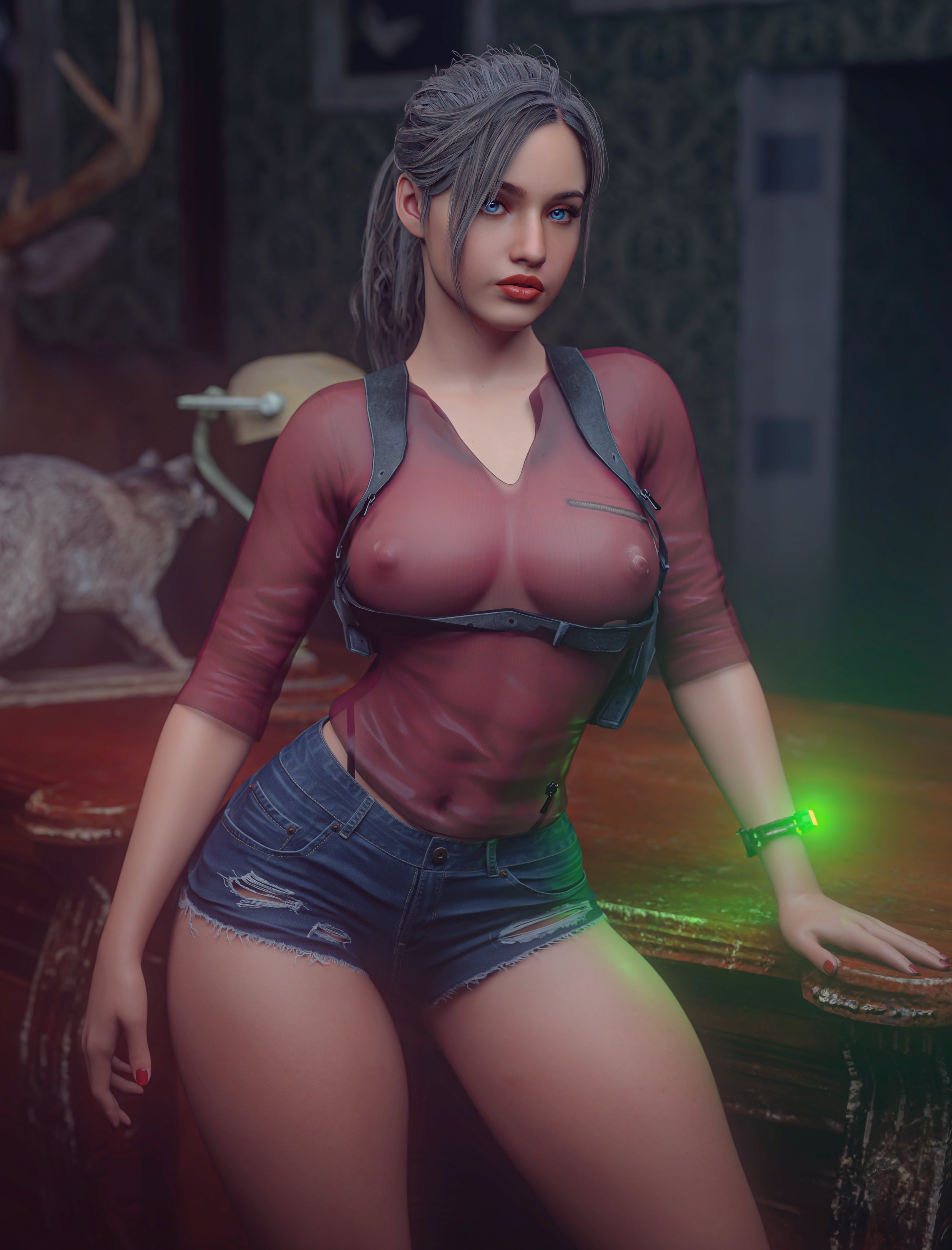 1girls, 3d, blue eyes, breasts, brown hair, claire redfield, female, female only, large breasts, light skin, light-skinned female, nipples visible through clothing, noahgraphicz, ponytail, resident evil, solo, solo female, thick thighs, thighs, wide hips