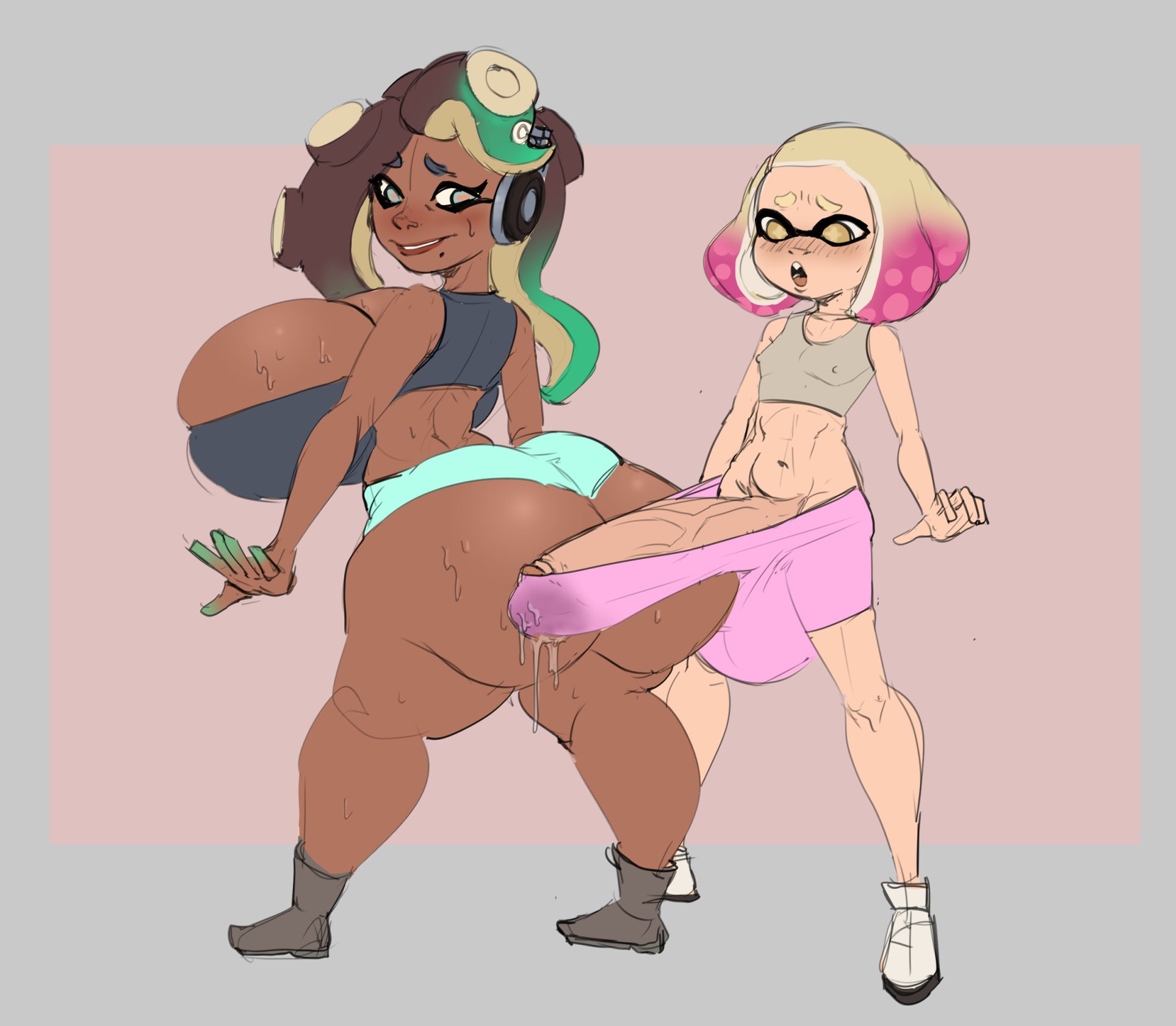 1futa, 1girls, ass, balls, big ass, breasts, bubble ass, bubble butt, clothed, clothing, dark skin, dark-skinned female, erection, female, futa on female, futanari, huge ass, huge cock, humanoid, inkling, intersex, light skin, light-skinned futa, marina (splatoon), mostly clothed, nintendo, octoling, pearl (splatoon), penis, splatoon, standing, thick thighs, wide hips, wobblinggut