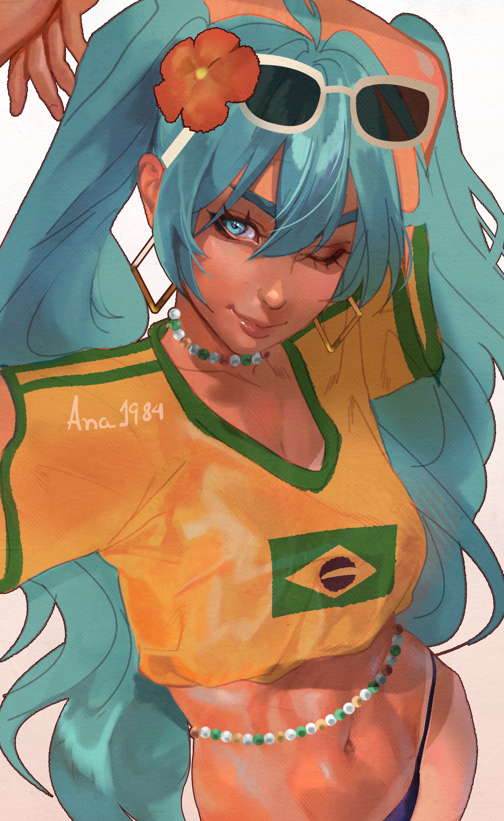 1girl, 1girls, aqua eyes, aqua hair, arms up, artist request, beads, bikini, bikini bottom, blue eyes, brazil, brazilian, brazilian female, brazilian miku, breasts, crop top, cropped shirt, earrings, eyewear on head, female, flower, hair between eyes, hair flower, hair ornament, hatsune miku, hoop earrings, jewelry, latin american hatsune miku (meme), lips, long hair, looking at viewer, medium breasts, midriff, navel, necklace, one eye closed, shirt, smile, solo, sunglasses, swimsuit, tagme, tan, tanlines, toned, twintails, very long hair, vocaloid, wide hips