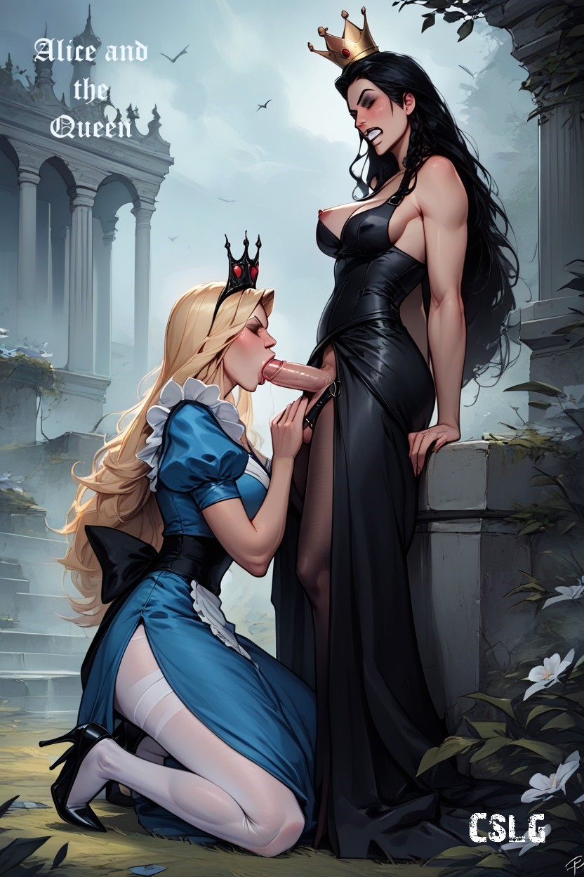 1futa 1girls ai_generated alice_(disney) alice_in_wonderland alice_liddell blonde_hair blowjob blue_eyes cslg diadem disney female futa_on_female futanari long_hair magical_penis oral petite queen_of_hearts_(alice_in_wonderland) slim strap-on strapon sucking_strap-on yuri