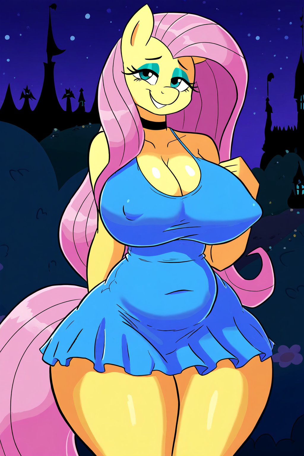 ai_generated alternate_breast_size alternate_costume animal_ears choker chubby cleavage equid equine eyeshadow fluttershy_(mlp) furry_female furry_focus furry_only horse_girl long_hair looking_at_viewer majorfluffy makeup mature_female mature_furry nipple_bulge novelai pink_hair pony pony_girl seductive seductive_eyes seductive_smile sundress teal_eyes thick_thighs wide_hips yellow_body