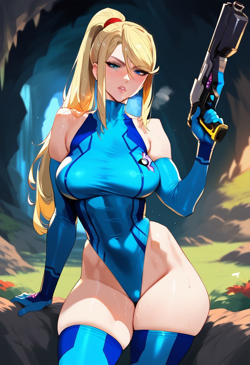 2d, ai generated, blonde hair, blue gloves, blue leotard, cave, elbow gloves, female, gloves, gun, hellblueboy4, highleg, leotard, metroid, ponytail, samus aran, solo, solo female, solo focus, tagme, thighhighs, weapon