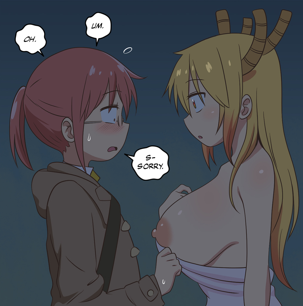 2girls after_bath blonde_hair blush breast_size_difference breasts clothed_female clothing dragon_humanoid embarrassed girls_only glasses horns kobayashi large_breasts locofuria long_hair miss_kobayashi's_dragon_maid partially_clothed ponytail red_hair side_view sideboob sweat tohru_(dragon_maid) towel towel_drop towel_slip yuri