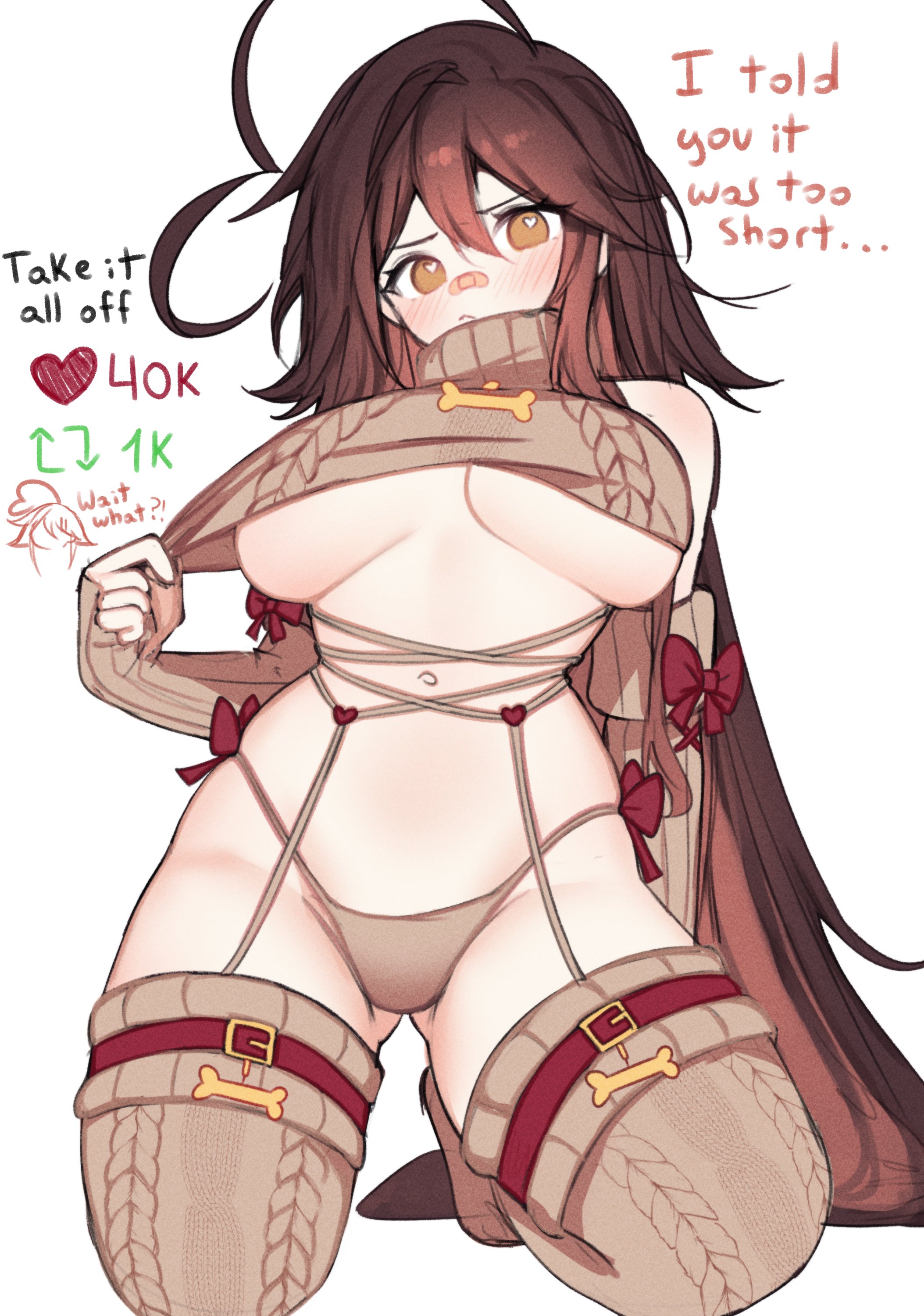 1girls, 2d, blush, bowtie, breasts, brown hair, dialogue, english text, female, female only, frown, heart-shaped pupils, indie virtual youtuber, large breasts, looking at viewer, no bra, on knees, panties, sky (skyaboveme), skyaboveme, solo, stockings, thighhighs, underboob, very long hair, virtual youtuber