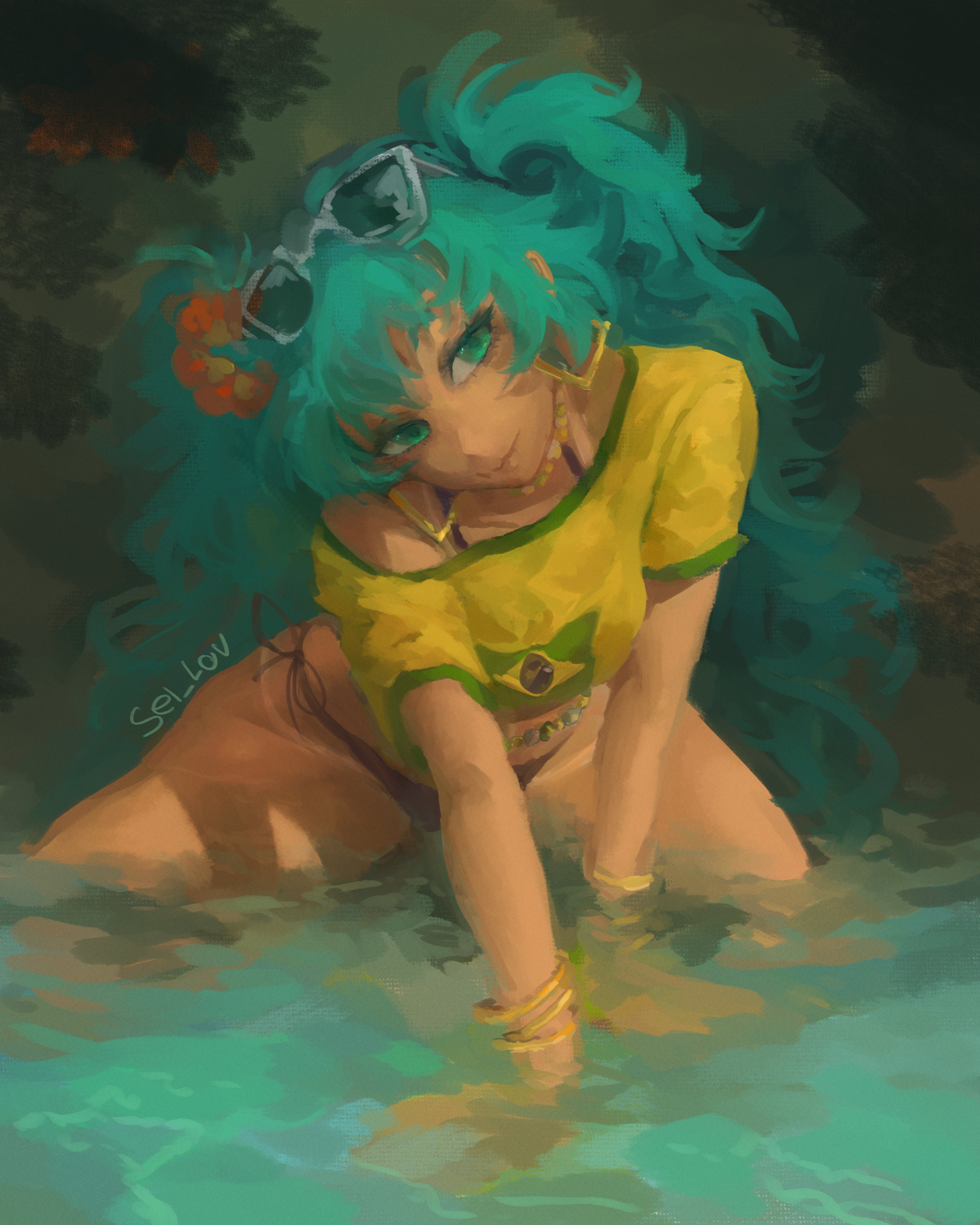 1girl, 1girls, aqua eyes, aqua hair, artist name, bikini, bracelet, brazil, brazilian, brazilian female, brazilian flag, brazilian miku, earrings, eyewear on head, female, green eyes, hatsune miku, hoop earrings, jewelry, latin american hatsune miku (meme), long hair, necklace, painting (artwork), seilov, sel lou, side-tie bikini bottom, smile, solo, sunglasses, swimming, swimsuit, tagme, tanned, thick thighs, thighs, twintails, vocaloid, water
