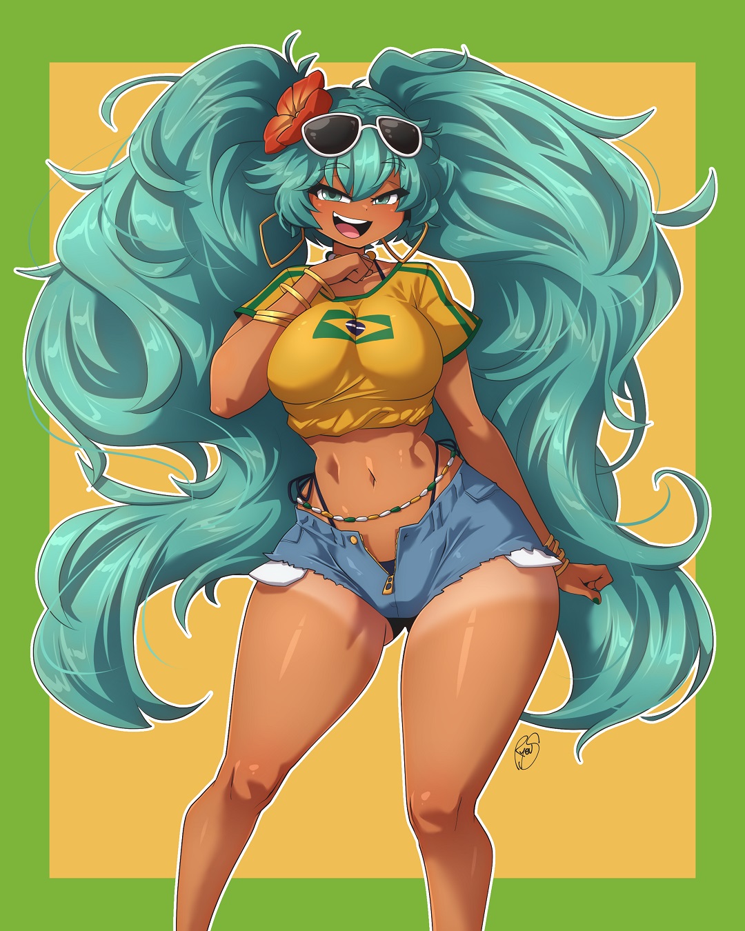 1girl, 1girls, aqua eyes, aqua hair, ass, big ass, big breasts, big hair, big thighs, bikini, bikini under clothes, blue hair, bracelet, brazil, brazilian, brazilian female, brazilian miku, breasts, crop top, cyan eyes, cyan hair, dark skin, dark-skinned female, denim, denim shorts, earrings, eyewear on head, fang, female, female only, flower, green nails, hair flower, hair ornament, hatsune miku, hoop earrings, huge ass, huge thighs, jewelry, large breasts, latin american hatsune miku (meme), long hair, looking at viewer, midriff, navel, open fly, open mouth, shirt, shorts, smile, solo, sunglasses, swimsuit, tagme, tan, tan body, tanlines, tanned, thick hips, thick thighs, thighs, thong, twintails, very long hair, vocaloid, yellow shirt