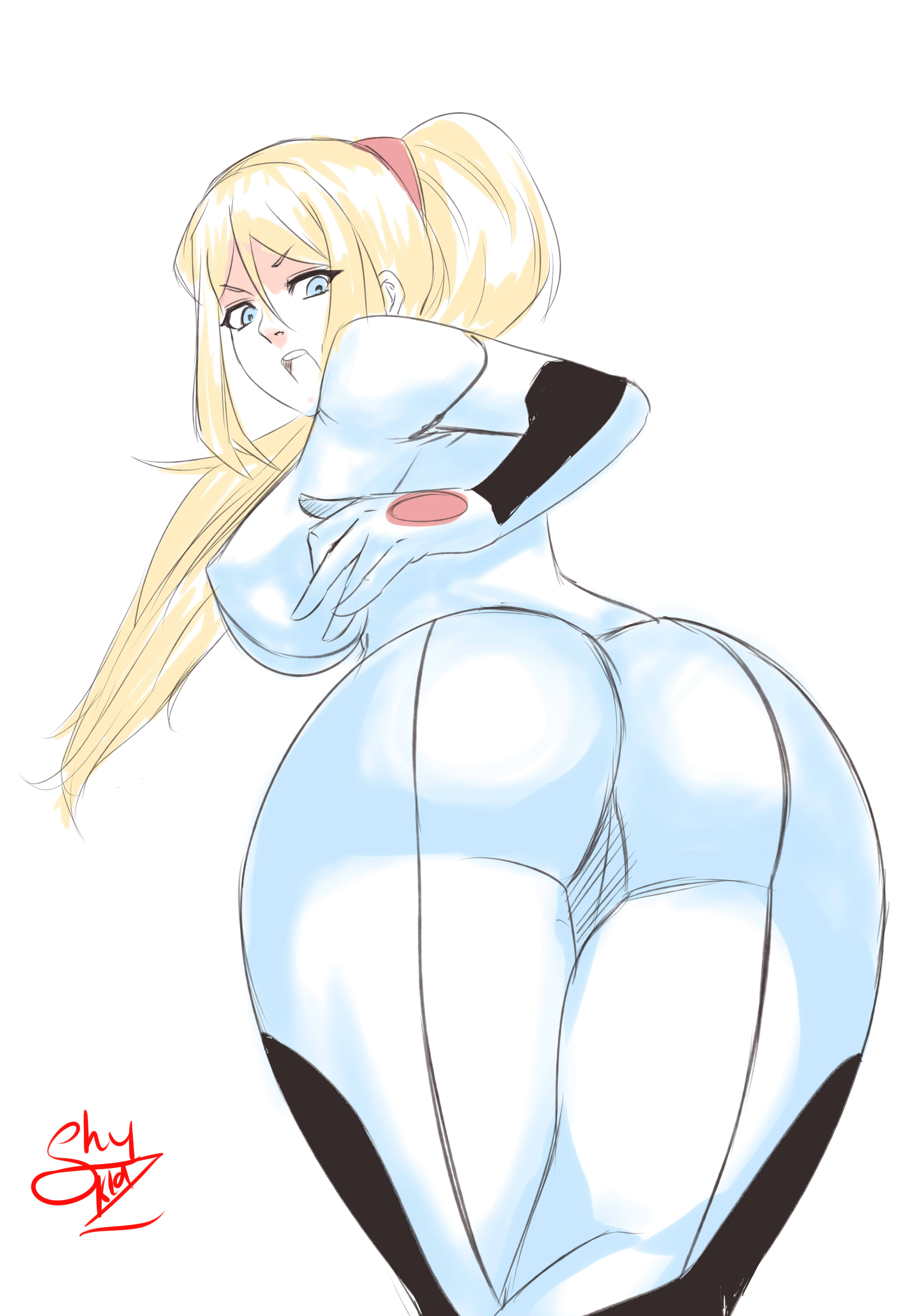 angry, arched back, ass, ass focus, back view, blonde hair, blue eyes, bodysuit, cameltoe, dwaxy, erect nipples, female, female only, human, long hair, looking back, metroid, nintendo, nipples, ponytail, presenting, pussy, samus aran, skin tight, solo, tied hair, zero suit, zero suit samus