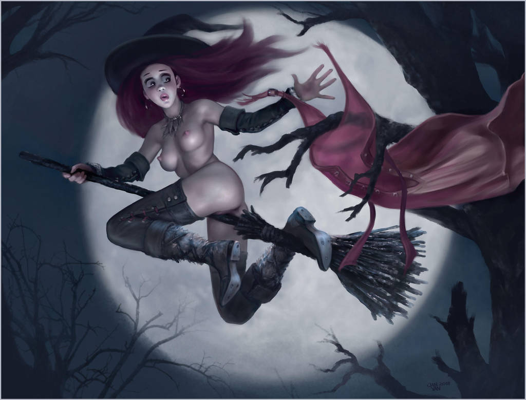 breasts broom broom_riding broomstick dress elbow_gloves forrest full_moon janvanh original_character purple_hair wardrobe_malfunction witch witch_hat