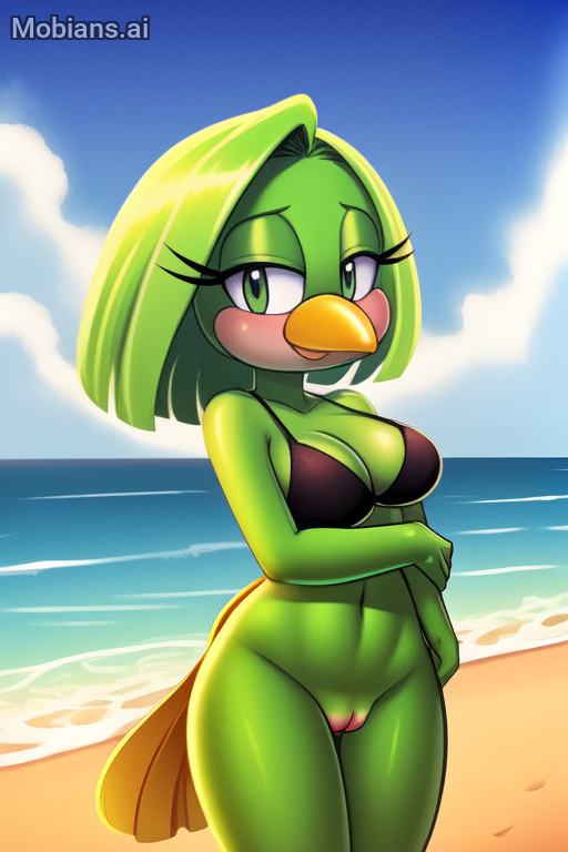 1girls ai_generated anthro avian beach beak bikini bikini_top bird black_bikini_top breasts canary female furry green_body green_eyes medium_breasts mobian_(species) mobians.ai nude smile solo sonic_(series) sonic_the_hedgehog_(series) tagme tekno_the_canary vagina