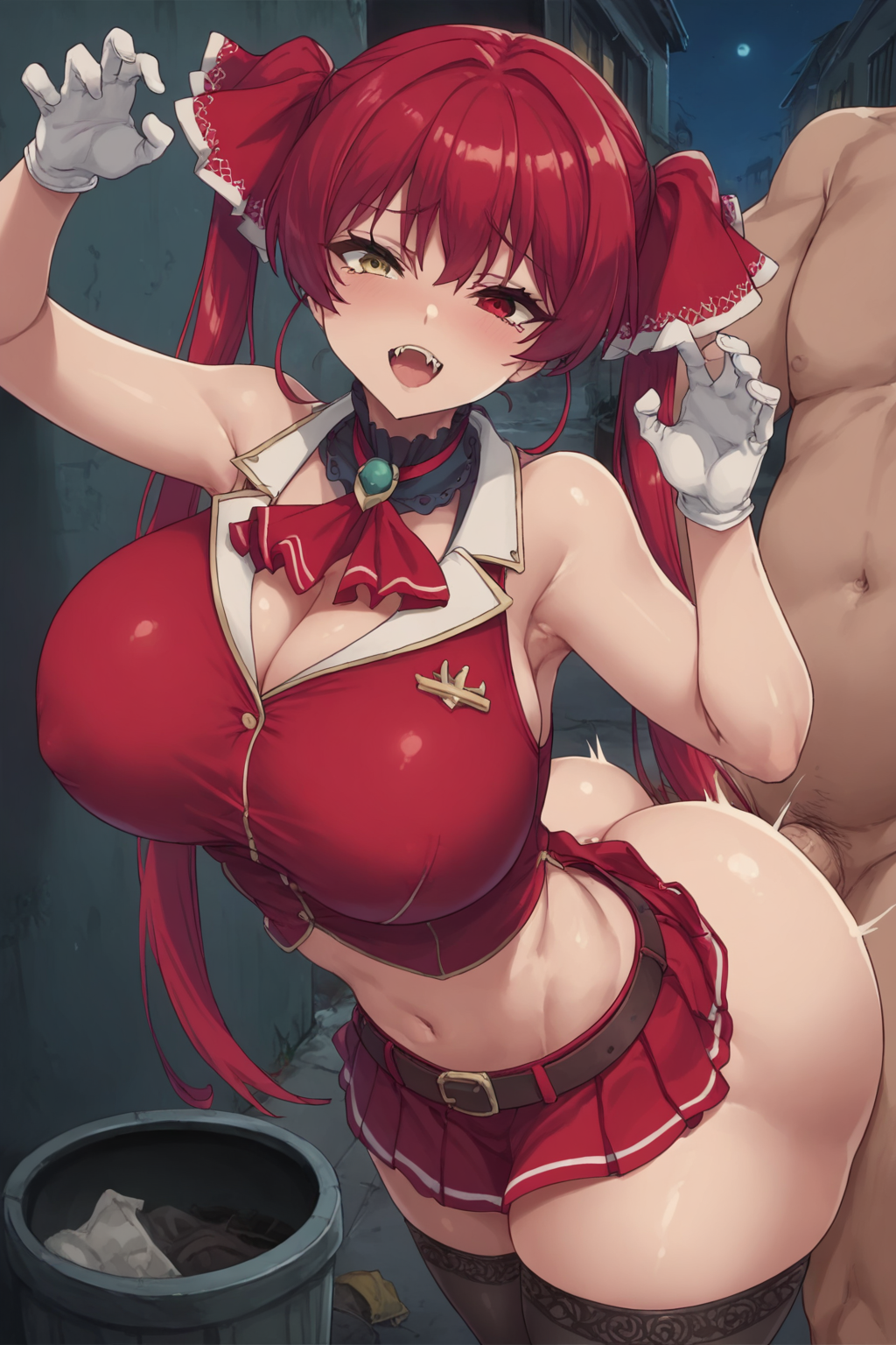 1boy 1girls ai_generated big_ass big_breasts blush breasts female gloves hair_ribbon heterochromia hololive hololive_japan houshou_marine jacket leotard long_hair male open_mouth red_ascot red_eyes red_hair red_jacket red_ribbon red_skirt ribbon sex skirt teeth thighs twintails upper_teeth_only virtual_youtuber white_gloves yellow_eyes