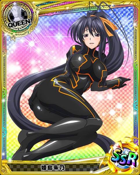 1girls, akeno himejima, animius, black hair, bodysuit, card, female, high school dxd, looking at viewer, ponytail, purple eyes, solo, text