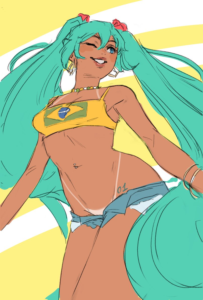 1girl, 1girls, aqua eyes, aqua hair, ass, big ass, big breasts, big thighs, bikini, bikini tan, blue eyes, bracelet, brazil, brazilian, brazilian female, brazilian miku, breasts, crop top, cyan eyes, cyan hair, dark skin, dark-skinned female, denim, denim shorts, earrings, female, female only, hatsune miku, huge ass, huge thighs, jewelry, latin american hatsune miku (meme), long hair, looking at viewer, midriff, navel, navel piercing, necklace, one eye closed, pierced belly button, piercing, plump lips, shirt, short shorts, shorts, sketch, small breasts, smile, solo, swimsuit, tagme, tan, tan body, tanlines, tattoo, thick hips, thick thighs, thighs, thong, twintails, very long hair, vocaloid, wink, yellow shirt