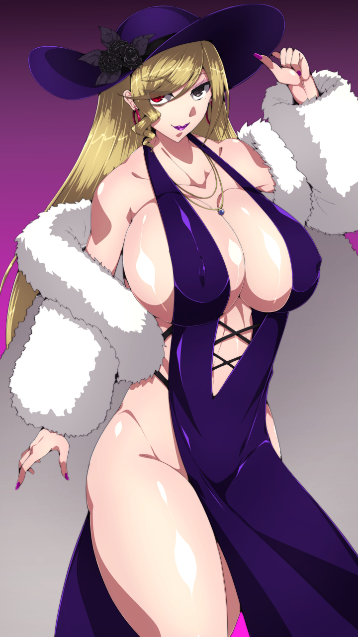 big_breasts blonde_hair breasts byakkun cleavage dress fur_coat hat hilda_(under_night_in-birth) no_bra no_panties purple_dress revealing_clothes revealing_dress under_night_in-birth