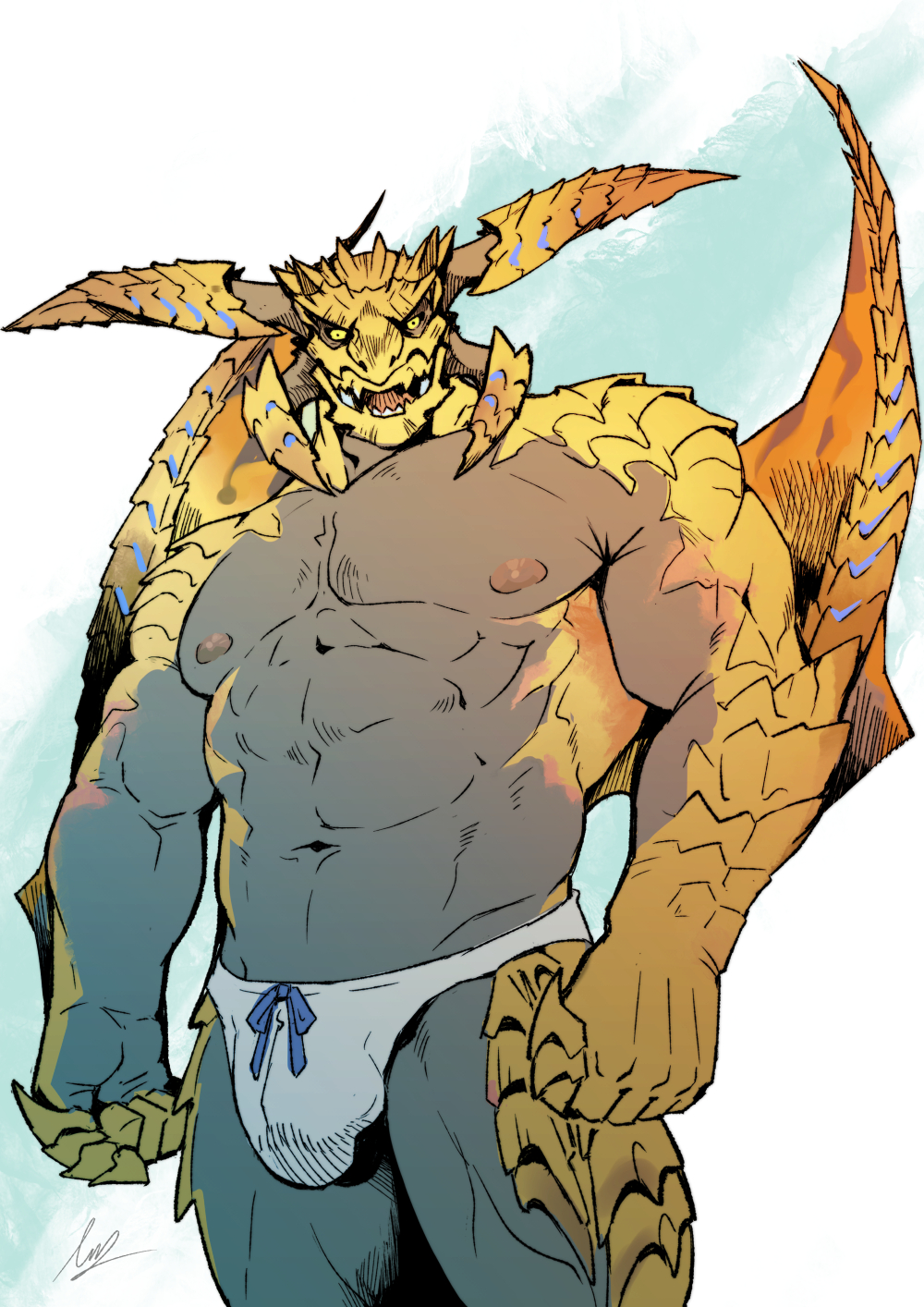 abs anthro barazoku biceps bulge capcom claws clothed clothing dragon flying_wyvern hi_res laon8130 looking_at_viewer male monster_hunter multicolored_body muscular muscular_anthro muscular_male muscular_thighs mythological_creature mythological_scalie mythology nipples open_mouth partially_clothed pecs rey_dau scalie serratus simple_background solo triceps two_tone_body underwear wings yellow_eyes