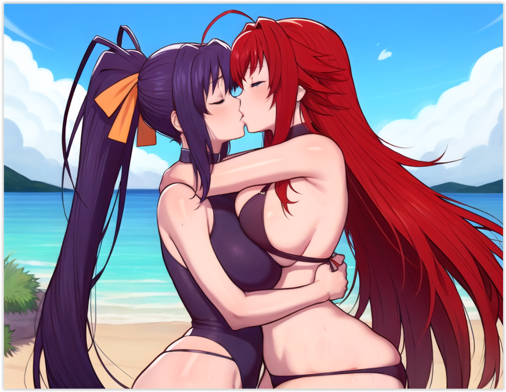 2girls ai_generated akeno_himejima beach black_hair black_hair_bottom domination female high_school_dxd lesbians_kissing light_hair_on_dark_hair red_hair red_hair_on_black_hair red_hair_top rias_gremory yuri