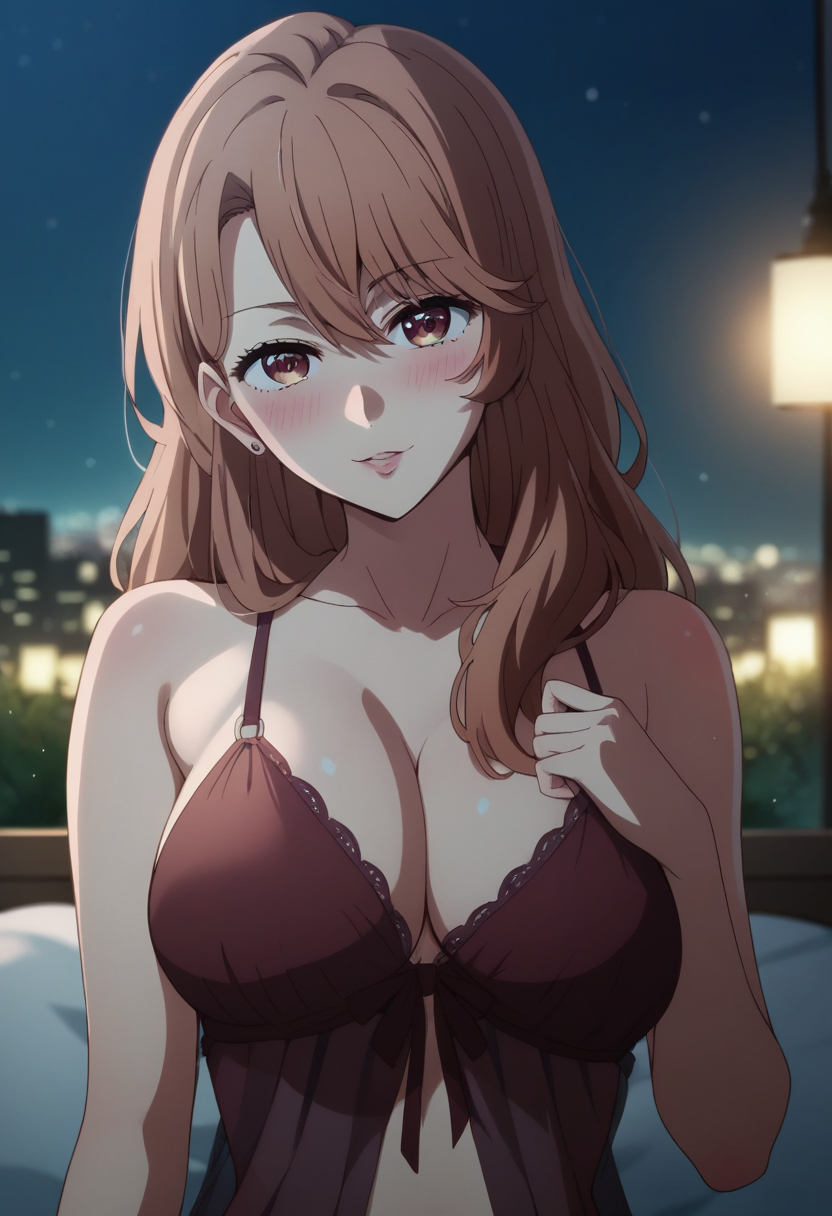 1girl ai_generated babydoll bed bedroom big_breasts blush brown_eyes brown_hair female indoors lingerie long_hair looking_at_viewer milf oshi_no_ko posing saitou_miyako seductive solo teasing