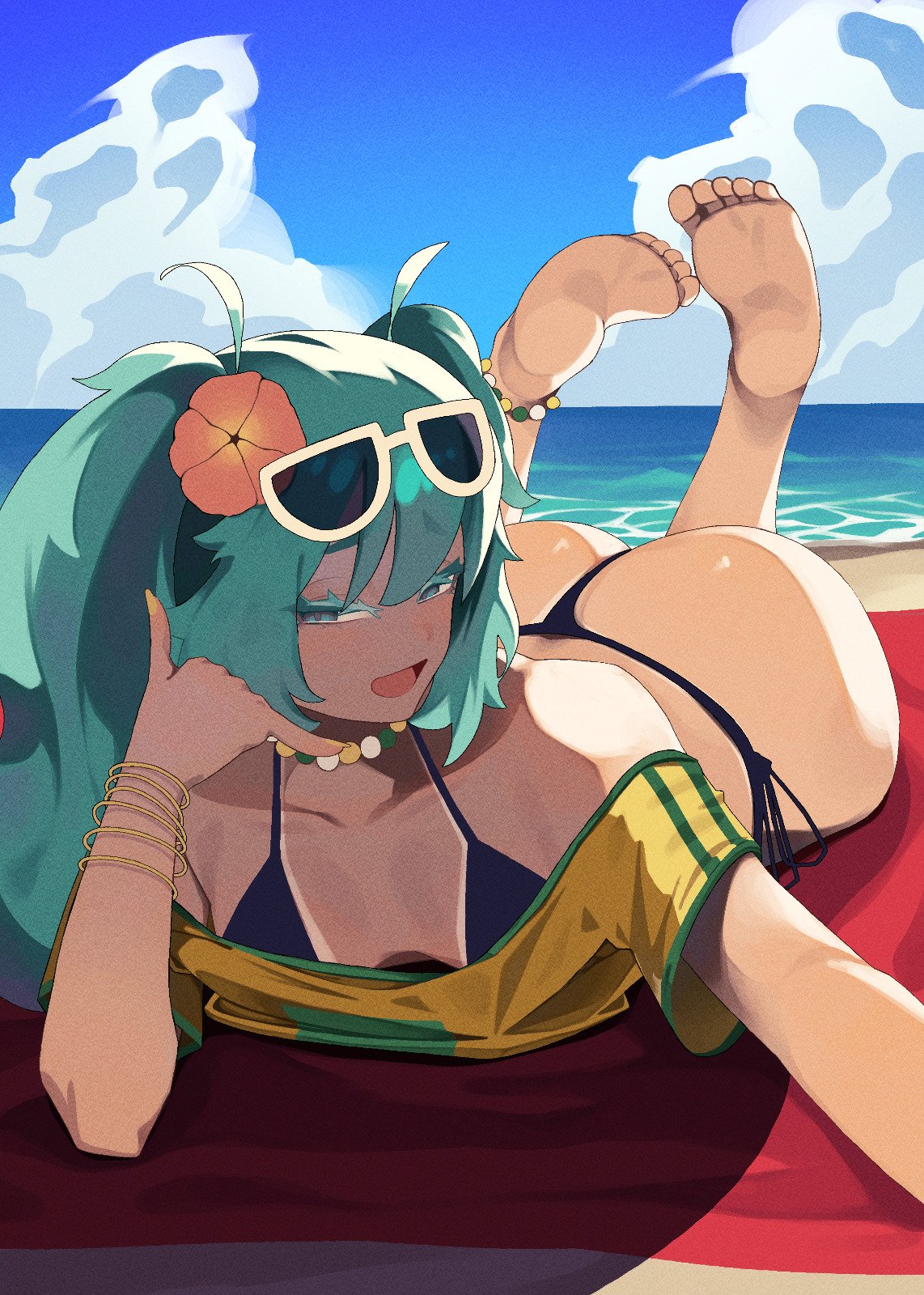 1girl, 1girls, anklet, aqua eyes, aqua hair, ass, barefoot, beach, big ass, big thighs, bikini, black bikini, blue sky, bracelet, brazil, brazilian, brazilian female, brazilian miku, breasts, cloud, cyan eyes, cyan hair, day, eyewear on head, feet, feet up, female, female only, flower, hair flower, hair ornament, hatsune miku, hibiscus, huge ass, huge thighs, jewelry, latin american hatsune miku (meme), legs up, long hair, looking at viewer, lying, medium breasts, necklace, ocean, off shoulder, on stomach, open mouth, outdoors, shirt, shorts, side-tie bikini bottom, sky, smile, soles, solo, sunglasses, swimsuit, tagme, tan, tan body, the pose, thick hips, thick thighs, thighs, thong, thong bikini, toes, twintails, vocaloid, water, yellow shirt