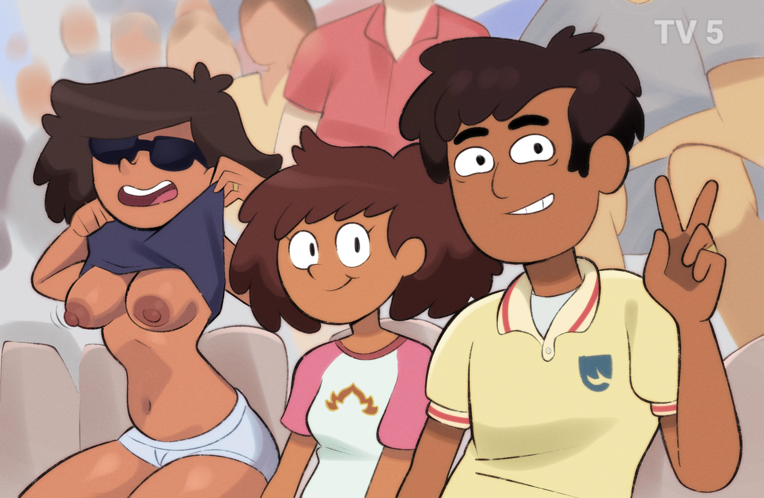 1boy, 2girls, amphibia, anne boonchuy, ass, bee boonchuy, breasts, brown hair, clothing, clothing lift, dark hair, dark skin, dark-skinned female, dark-skinned male, disney, disney channel, disney xd, exhibitionism, female, flashing, flashing breasts, hair, male, milf, mr. boonchuy, mrs. boonchuy, newguy1091, nipples, oum boonchuy, parent and daughter, presenting, presenting breasts, shirt, sunglasses, sunglasses on head, tagme