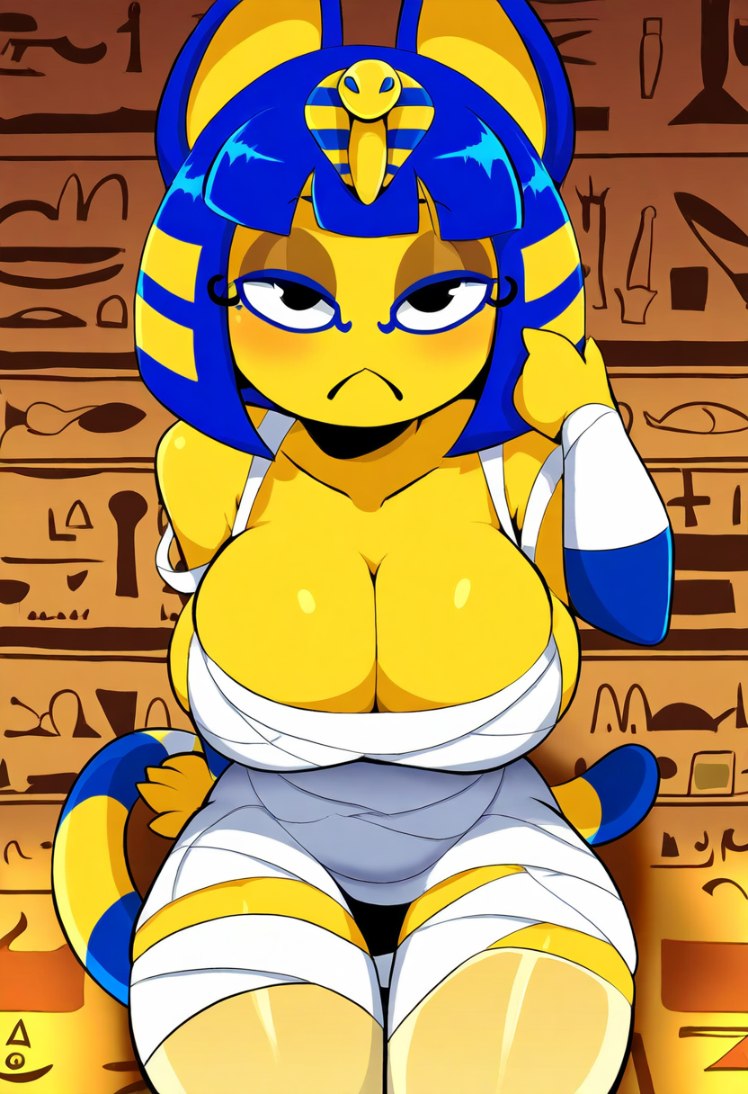 absurd_res ai_generated animal_crossing ankha ankha_(animal_crossing) anthro bandage big_breasts blue_hair blush breasts cleavage clothed clothing domestic_cat egyptian felid feline felis female frown hair hellsonger hi_res hieroglyphics looking_at_viewer mammal nintendo solo striped_markings striped_tail tail_markings text thick_thighs wide_hips wraps yellow_body yellow_fur