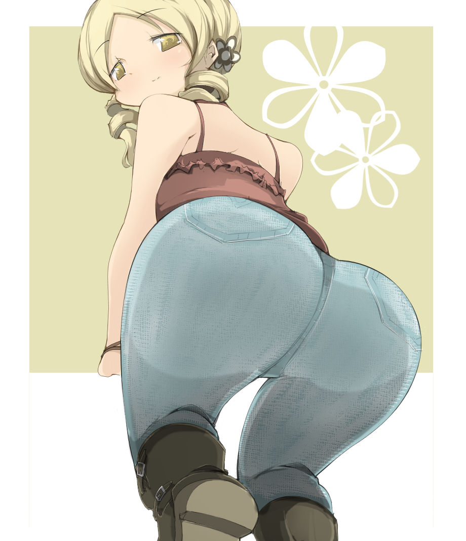 1girls, artist request, ass, ass focus, blonde hair, blue pants, boots, brown boots, denim, drill hair, female, female only, flower in hair, flowers, human, jeans, looking back, mahou shoujo madoka magica, pants, smile, solo, solo female, tight clothes, tight pants, tomoe mami, twintails, unknown artist, yellow eyes, young