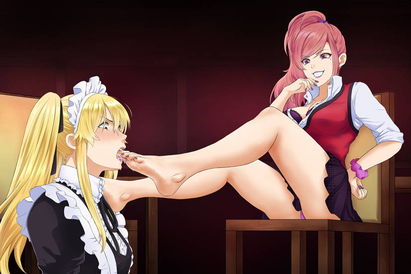 2girls blonde_hair blush blushing bracelet feet female femdom foot_fetish gyaru kakegurui kakegurui_twin kurume_kurumi maid maid_headdress maid_outfit maid_uniform nail_polish painted_nails painted_toenails panties pink_hair saotome_meari scrunchie short_skirt skirt toes twintails yellow_hair yuri