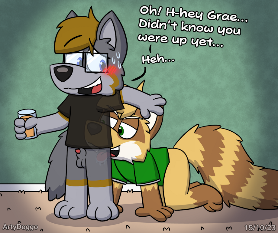 2023 2boys anthro anthro_on_anthro artemis_wolfram_(artydoggo) arty_(artydoggo) artydoggo background blush butt_lick butt_licking carpet clothes crossover cub drink duo duo_male fluffy_tail furry furry_male furry_only fursona gay glass glasses graedius_(character) gray_fur green_eyes grey_fur hands_and_knees indoors juice knot licking_anus licking_butt light_fur male male/male male_only males_only on_floor on_hands_and_knees raccoon raised_arm raised_eyebrow sheath sheathed sheathed_penis shirt shirt_only sweat sweatdrop sweating t-shirt t-shirt_only wolf yiff young young_boy