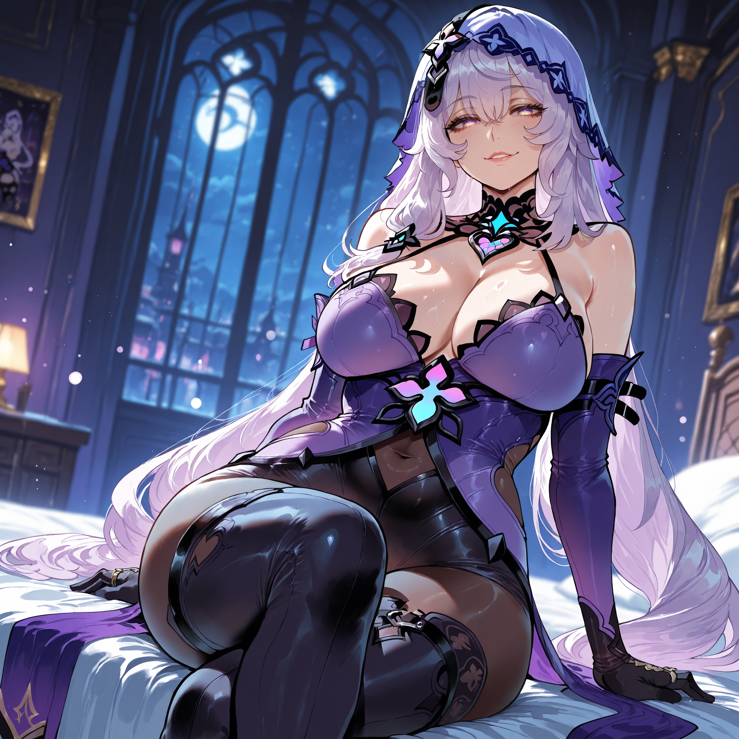 1girls, ai generated, ass, bangs, bare shoulders, bed, black gloves, black legwear, black swan (honkai: star rail), black thighhighs, blush, boots, breasts, cleavage, clothing, clothing cutout, covered navel, crossed legs, curtains, curvaceous, curvaceous female, curvaceous figure, curvy, curvy figure, detached sleeves, dress, elbow gloves, female, female focus, female only, footwear, full moon, gloves, grin, hair ornament, high heels, honkai: star rail, hoyoverse, indoors, inviting, inviting to sex, jewelry, large breasts, legwear, lips, long hair, looking at viewer, miyuai, moon, navel, night, parted lips, presenting, presenting ass, presenting breasts, presenting hindquarters, presenting self, purple dress, purple eyes, purple gloves, purple hair, seductive, seductive look, seductive smile, shoes, sitting, sky, smile, solo, sweat, thick thighs, thigh boots, thighhighs, thighs, veil, very long hair, voluptuous, voluptuous female, window