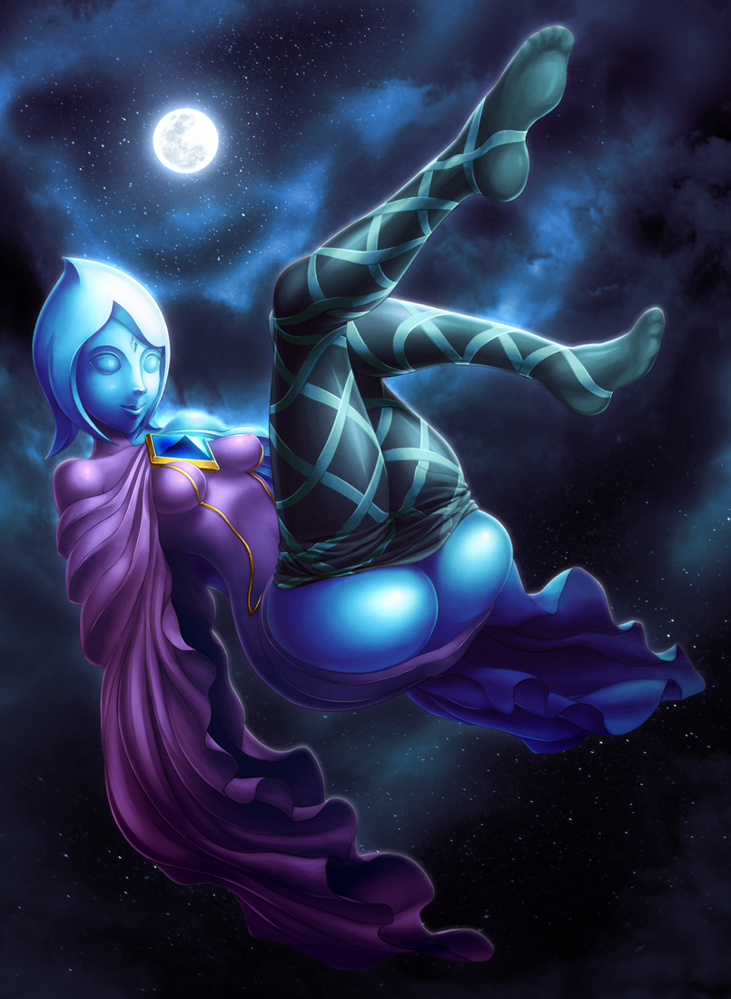 1girls ass blue_skin breasts cape female female_only fi impossible_clothes leggings moon nintendo skyward_sword smile solo the_legend_of_zelda yuqoi