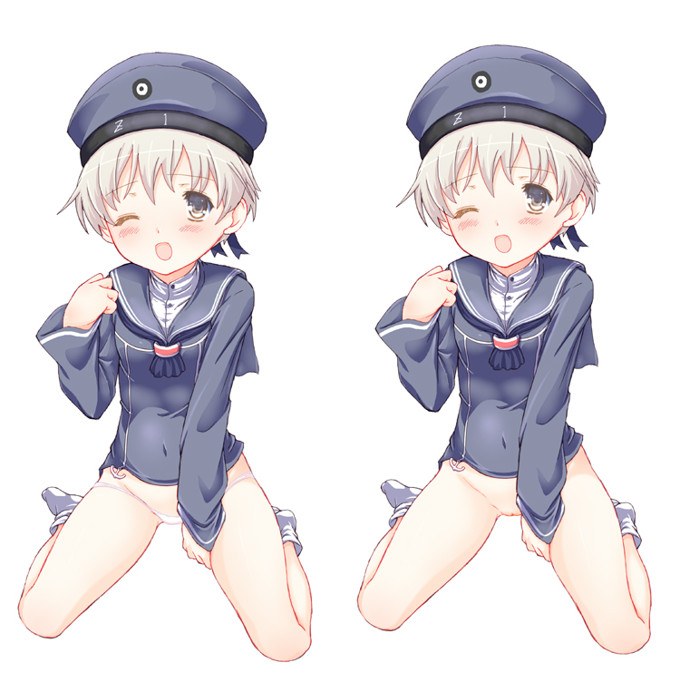 blush female female kantai_collection kneeling looking_at_viewer open_mouth pussy short_hair silver_hair small_breasts testa uncensored wink yellow_eyes