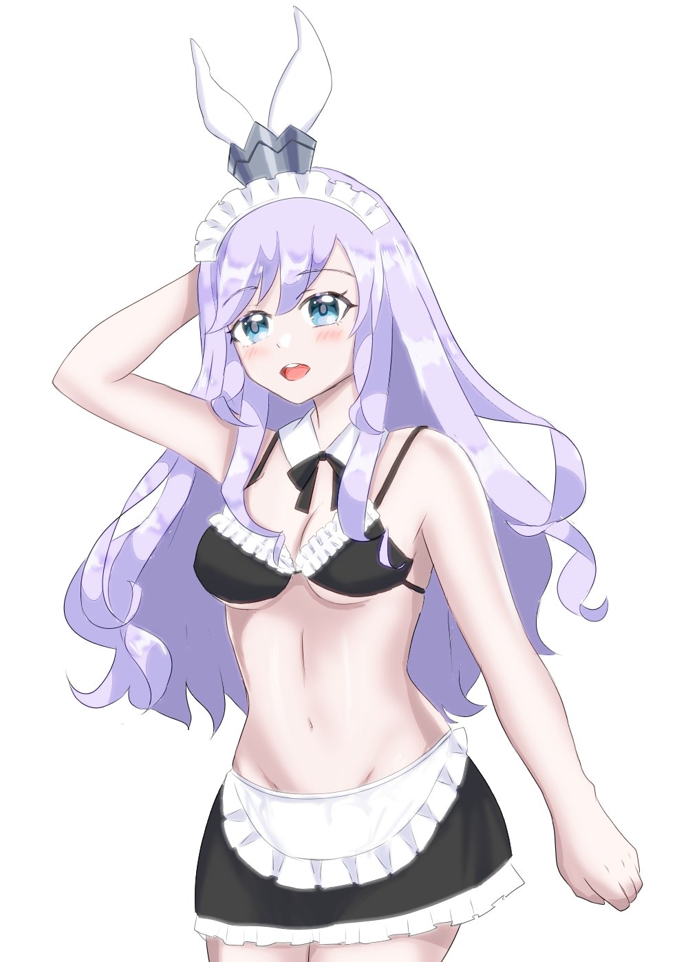 alternate_costume arm_behind_head bikini blue_eyes blush breasts compact_body delphinus_yukino_(saint_seiya:_rising_cosmo) female highres long_hair maid maid_bikini maid_headdress navel open_mouth ouka_okiba purple_hair saint_seiya saint_seiya:_rising_cosmo simple_background smile solo swimsuit teeth unconventional_maid upper_teeth_only white_background