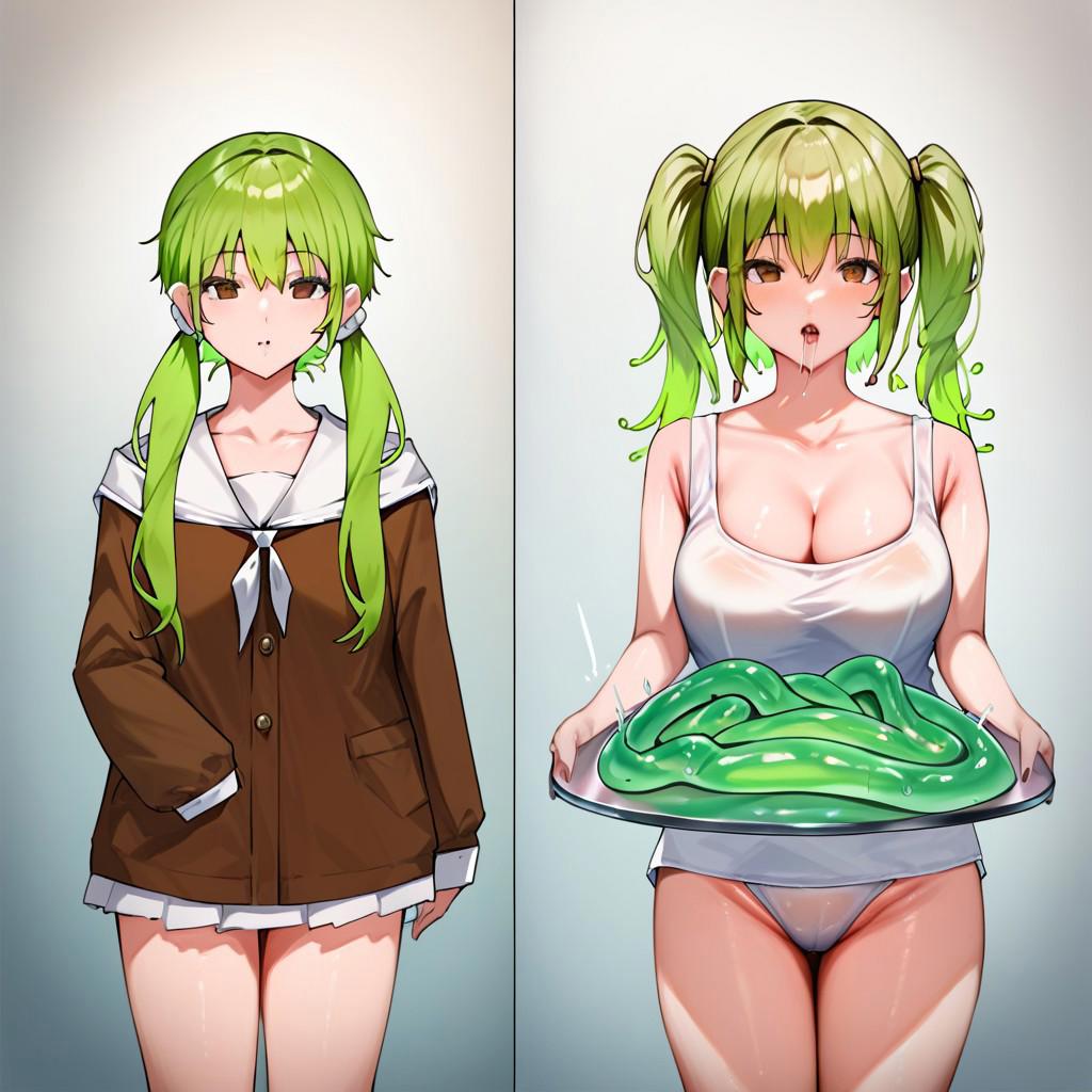 ai_generated anime bare_shoulders before_and_after blank_eyes blush breasts brown_eyes brown_jacket cleavage dead_eyes drool drooling empty_eyes female gradient_background green_hair hair_between_eyes holding holding_object holding_plate jacket large_breasts long_hair lonk69thegreat looking_at_viewer miniskirt multiple_panels neckerchief open_mouth panels panties personality_change personality_excrement personality_excretion pleated_skirt shirt skirt tank_top twintails wet white_panties white_skirt white_tank_top