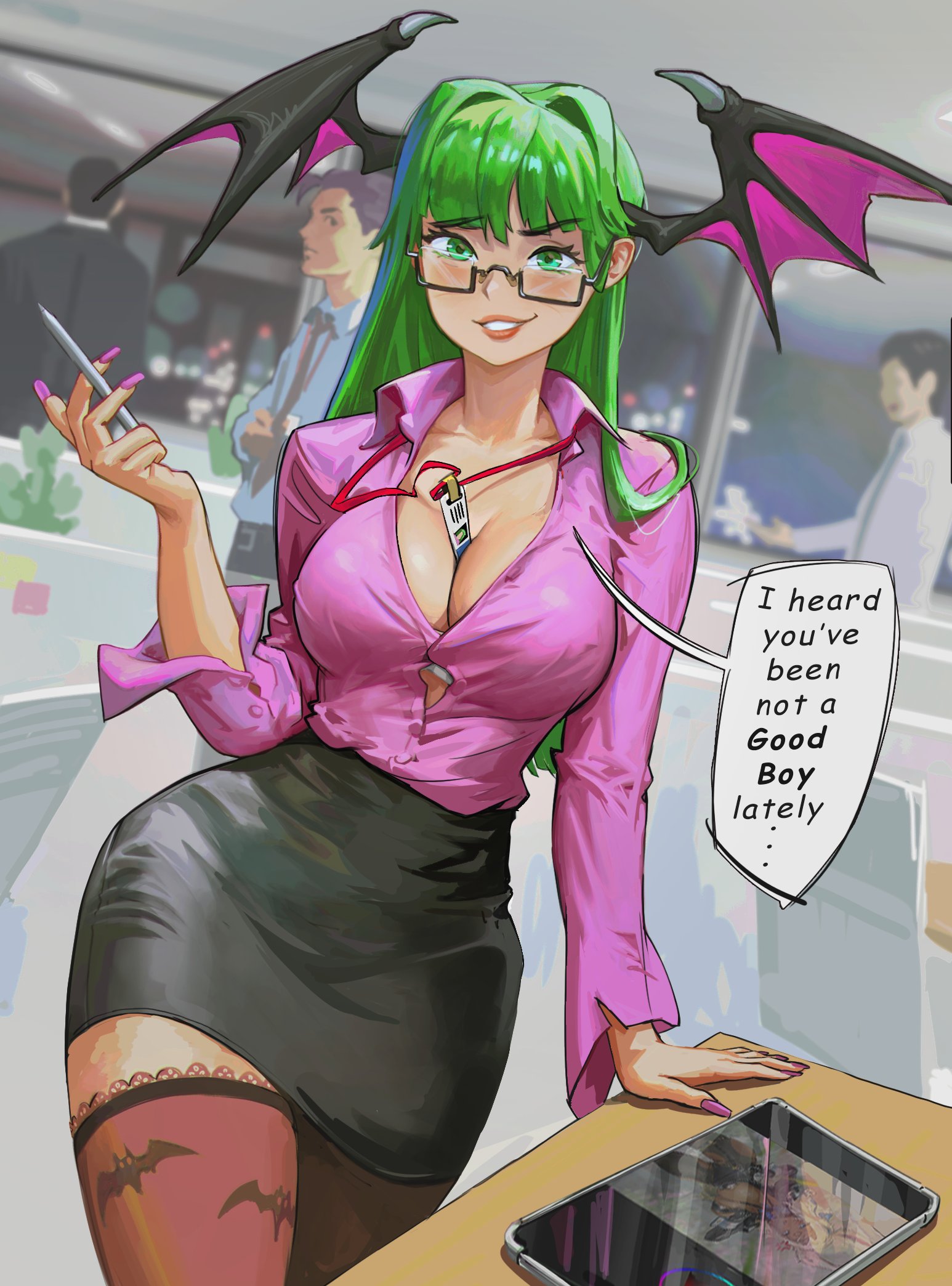 1girls, 3boys, big breasts, breasts, cleavage, darkstalkers, demon, english text, female, female focus, glasses, green eyes, green hair, head wings, large breasts, looking at viewer, male, miniskirt, morrigan aensland, multiple boys, multiple males, office lady, pov, purple proses, purpleisaprose, purplepro, skirt, succubus, text