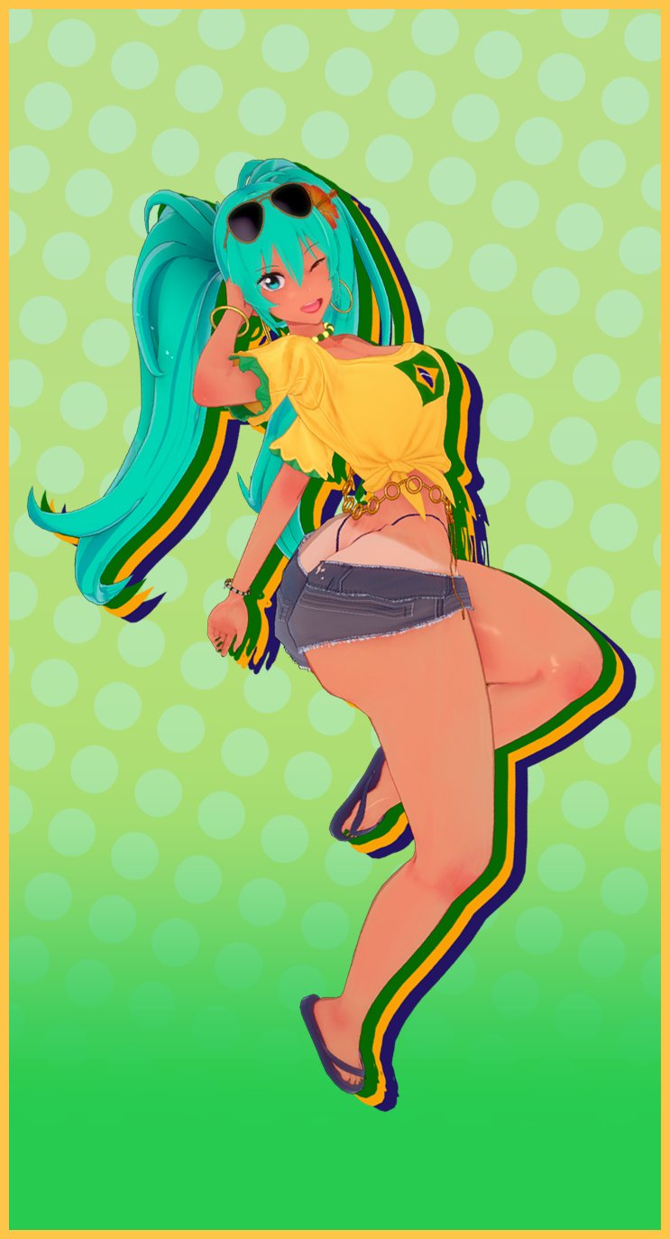 1girls 3d amanwithnoplan ass big_ass big_breasts big_thighs bikini brazil brazilian brazilian_female brazilian_miku breasts cyan_eyes cyan_hair female female_only hatsune_miku huge_ass huge_thighs latin_american_hatsune_miku_(meme) long_hair looking_at_viewer shirt shorts solo tagme tan tan_body thick_hips thick_thighs thighs thong twintails vocaloid yellow_shirt