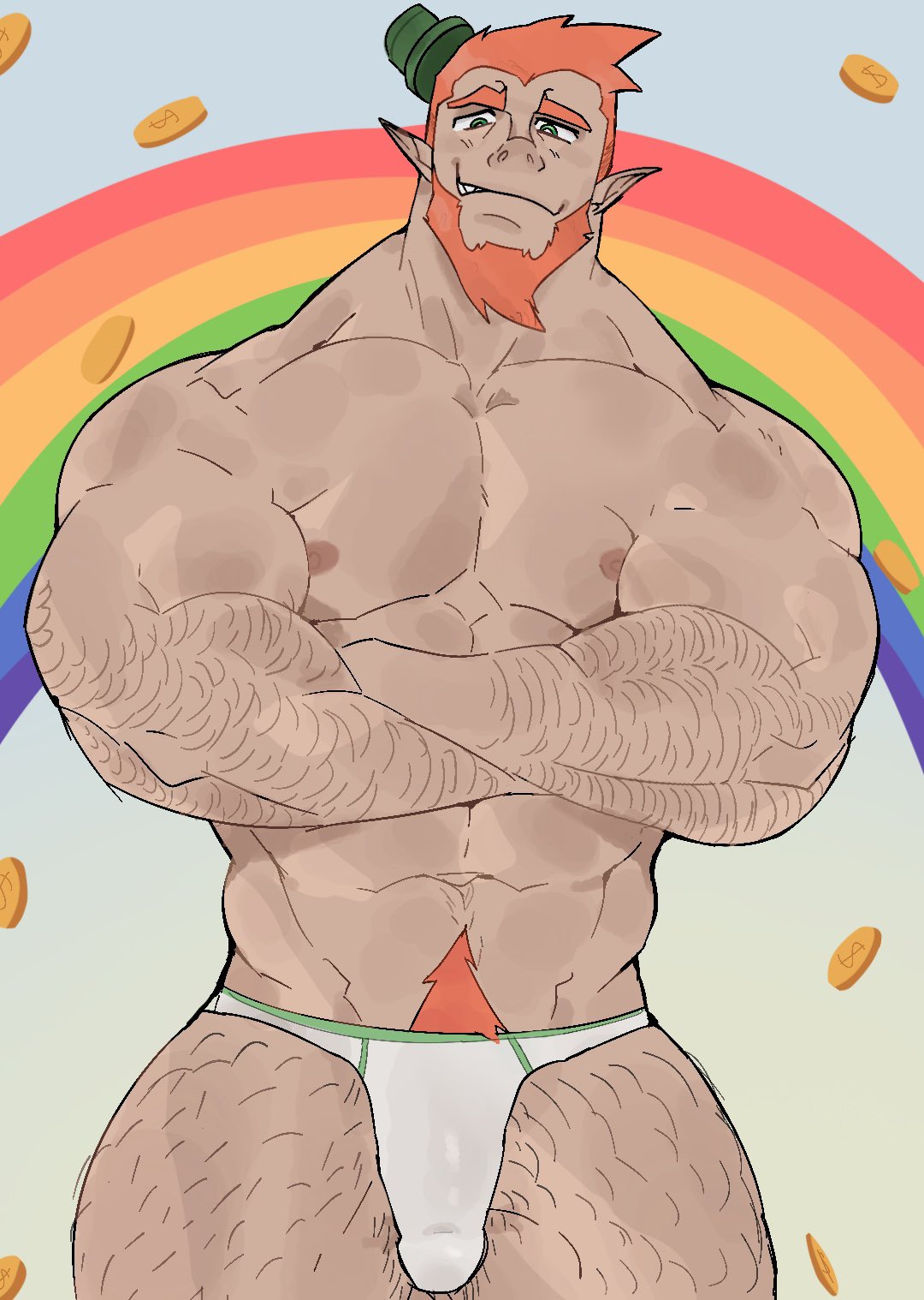 abs aries03220 bara beard biceps big_bulge bulge flaccid leprechaun leprechaun_hat male male_nipples male_only male_pubic_hair muscular_male nipples pecs penis_outline solo solo_male st._patrick's_day underwear werewolf