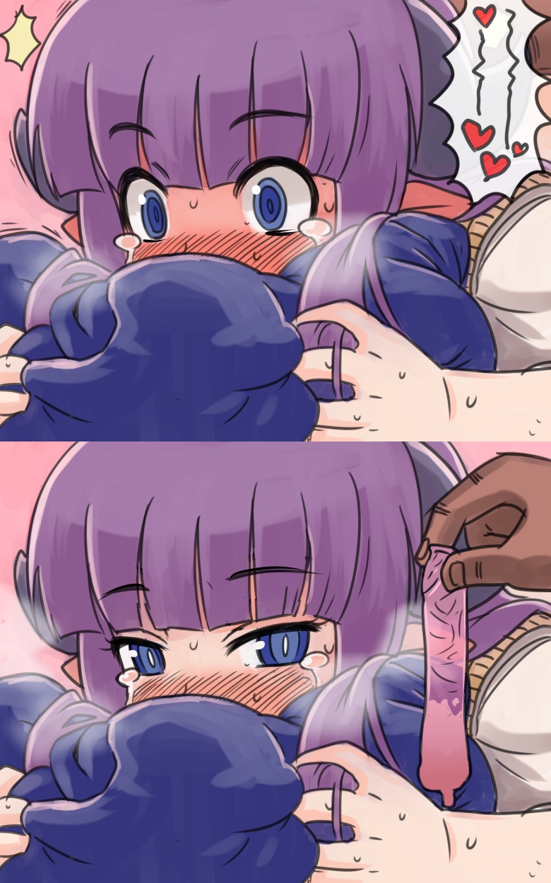 2koma blue_eyes blush character_request comic condom crying crying_with_eyes_open cum female full-face_blush heavy_breathing highres horns matsuda_yuusuke pillow_grab pointy_ears purple_hair silent_comic solo_focus sweater_vest tears used_condom