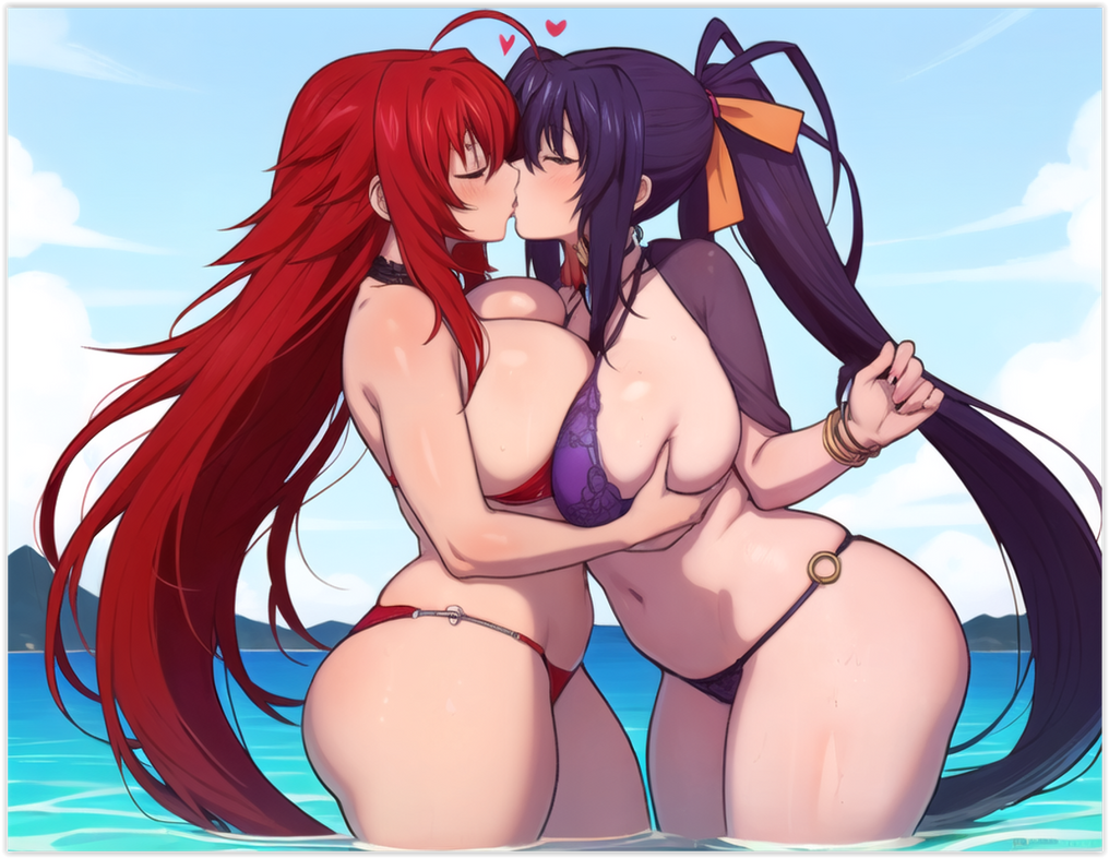 ai_generated akeno_himejima ass beach big_ass_(female) female female_only female_with_female hearts high_school_dxd large_breasts_lesbians lesbian_couple lesbians lesbians_kissing rias_gremory yuri