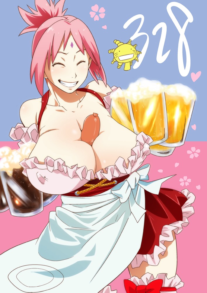 1girls beer between_breasts breast cleavage female female_only happy huge_breasts human maid naruto naruto_shippuden pink_hair sakura_haruno sausage sausage_between_breasts servant shounen_jump solo sunahara_wataru