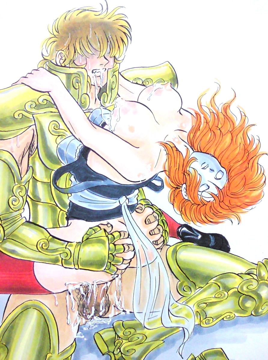 1girls ass breasts cum cum_on_breasts eagle_marin facial female human leo_aiolia light-skinned_female light_skin long_hair male mask neutral_mask penetration penis pubic_hair red_hair saint_seiya sex shounen_jump silver_saints sweat testicles