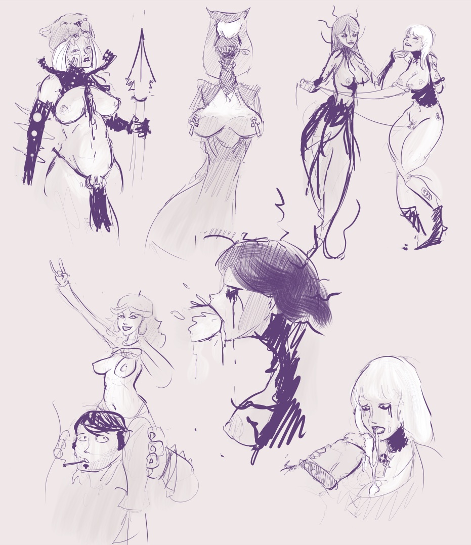 bondage breasts breasts_out brutal_legend cock_ring cum demon_nun fellatio lita_halford monochrome montage nipple_piercing nipples ophelia_(brutal_legend) oral razor_girl rough_sketch sketch zaulia