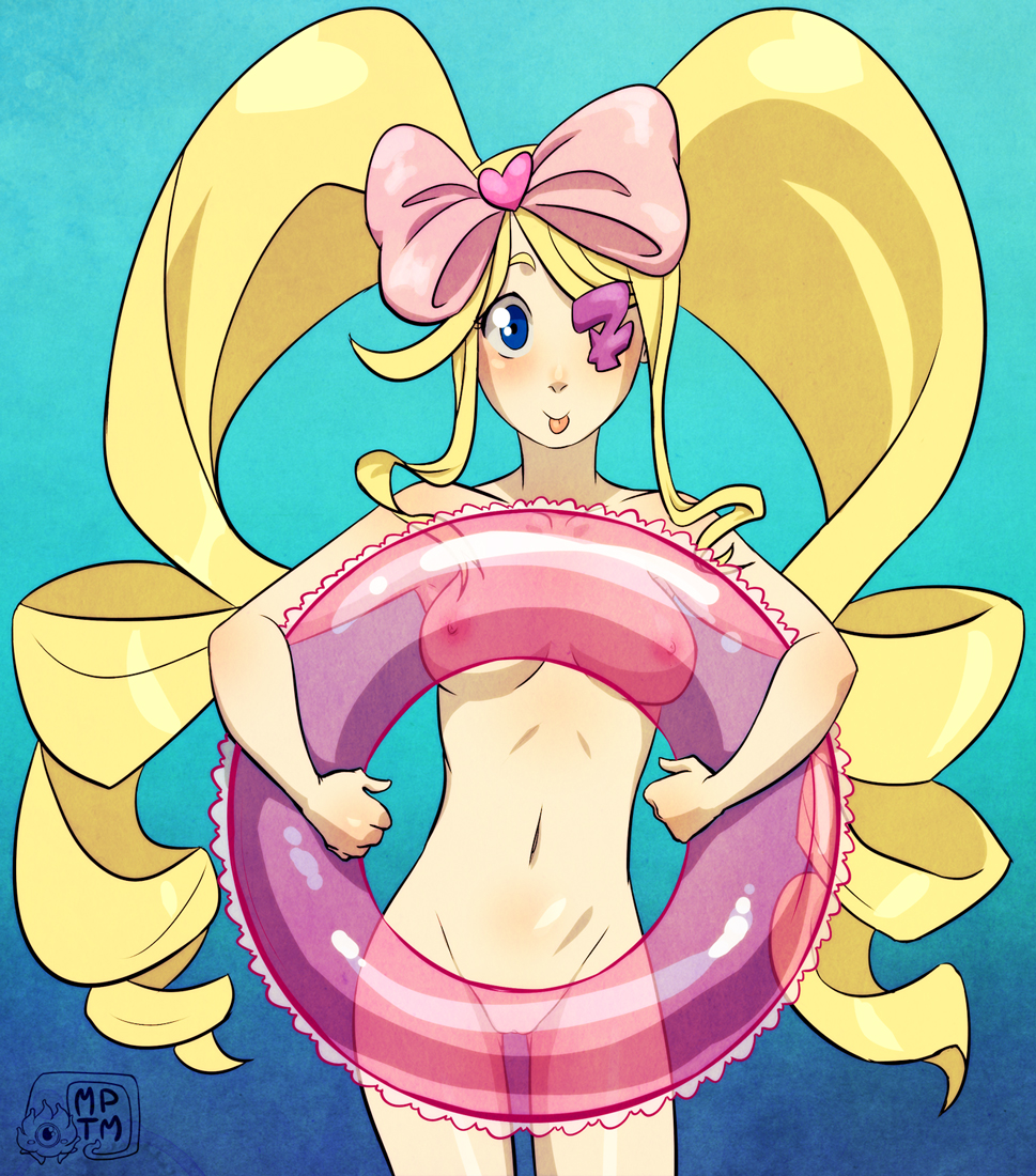 1girls, blonde hair, blue eyes, breasts, eye patch, female, hair ribbon, harime nui, hourglass figure, inner tube, kill la kill, my pet tentacle monster, navel, nipples, nude, pussy, ribbon, see-through, standing, tied hair, tongue, tongue out, twintails