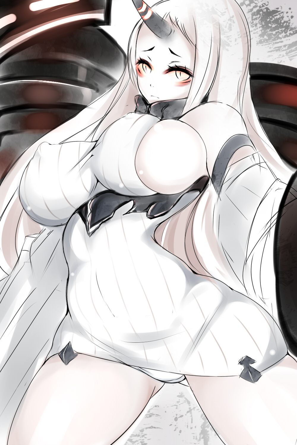 breasts female hair horn kantai_collection large_breasts orange_eyes pale_skin seaport_hime shinkaisei-kan solo suiren tight_clothing white_hair