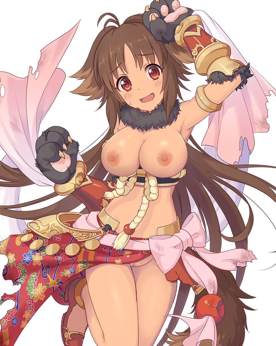 blush brown_hair dog_ears dog_girl dog_tail edit kaori_(princess_connect!) large_breasts long_hair nipples nude_edit nude_filter princess_connect! pussy torn_clothing vagina