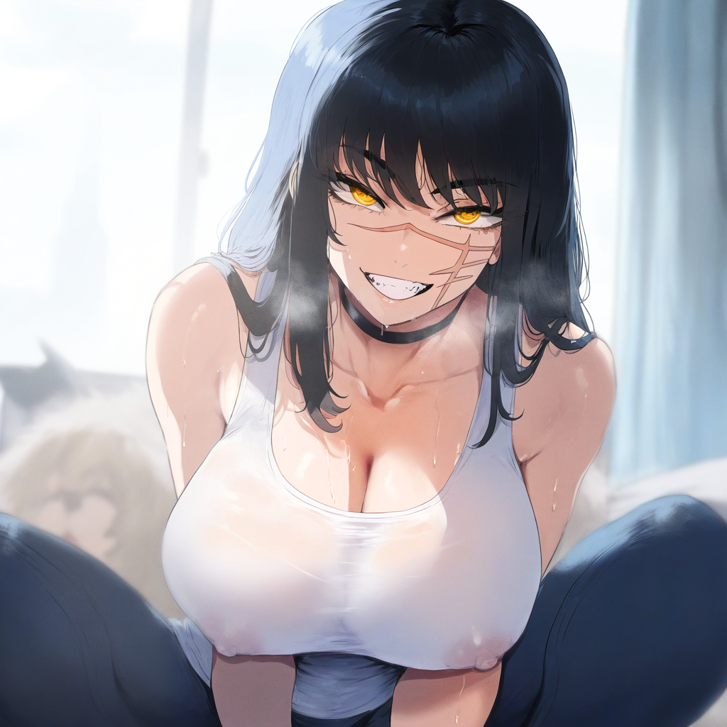 1girls ai_generated big_breasts breasts chainsaw_man choker cleavage jaygoats jeans large_breasts looking_at_viewer scar see-through see-through_clothing self_upload smirk solo sweat tank_top yoru_(chainsaw_man)