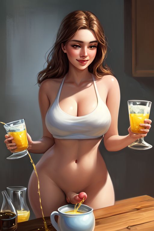 ai_generated big_breasts brown_hair cleavage drinking drinking_glass drinking_urine food food_play futanari large_breasts lemonade light-skinned_female light-skinned_futanari light_skin mommy mother pee_in_glass peeing scat table tagme urine