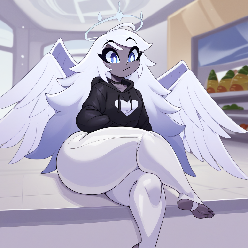 ai_generated angel emily_(hazbin_hotel) feet hazbin_hotel thick_ass thick_thighs tight_clothing tight_pants