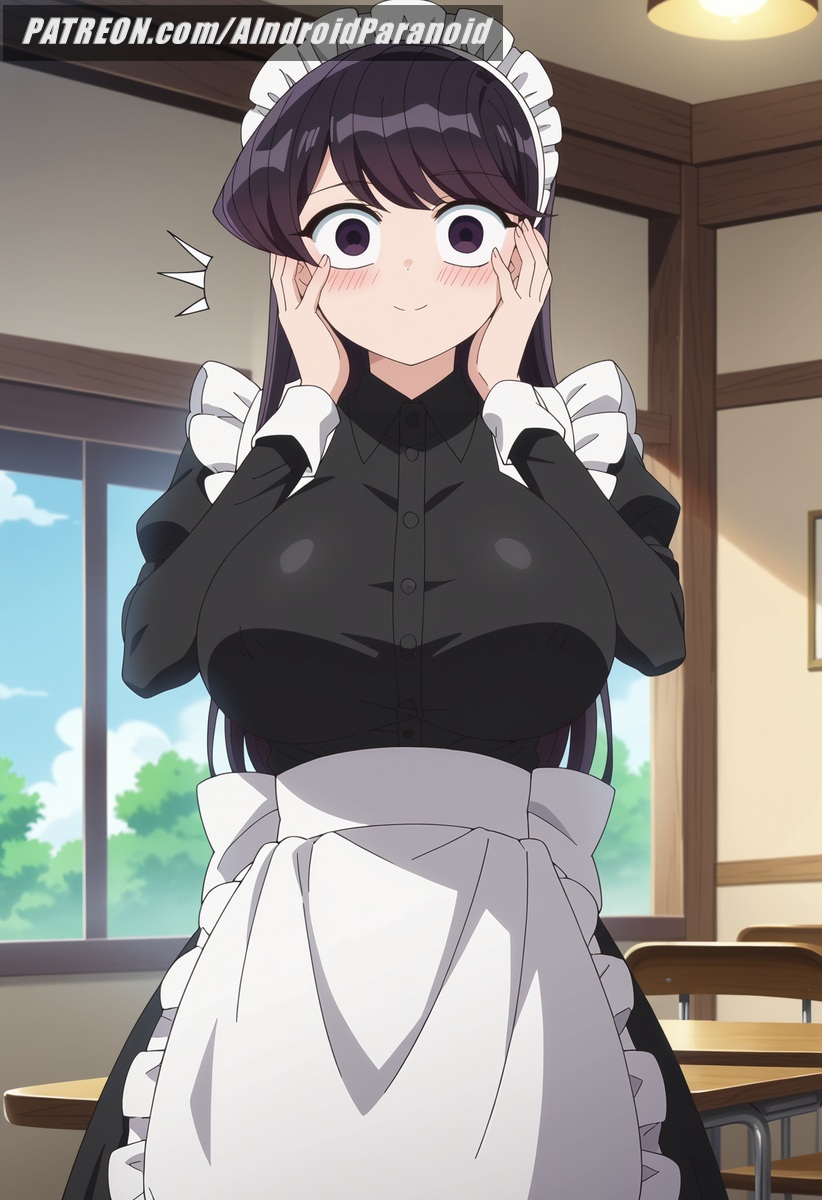 ai_generated aindroidparanoid ashamed ass bedroom blush breasts breasts_out curvy cute female female_only flashing_breasts gigantic_breasts huge_breasts indoors komi-san_wa_komyushou_desu komi_shouko large_breasts long_hair maid maid_headdress maid_uniform massive_breasts narrow_waist nervous nipples purple_eyes purple_hair shy slim_waist stable_diffusion tits_out voluptuous